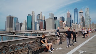 A vibrant cityscape with travelers enjoying local attractions