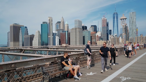 A vibrant cityscape with travelers enjoying a guided tour.
