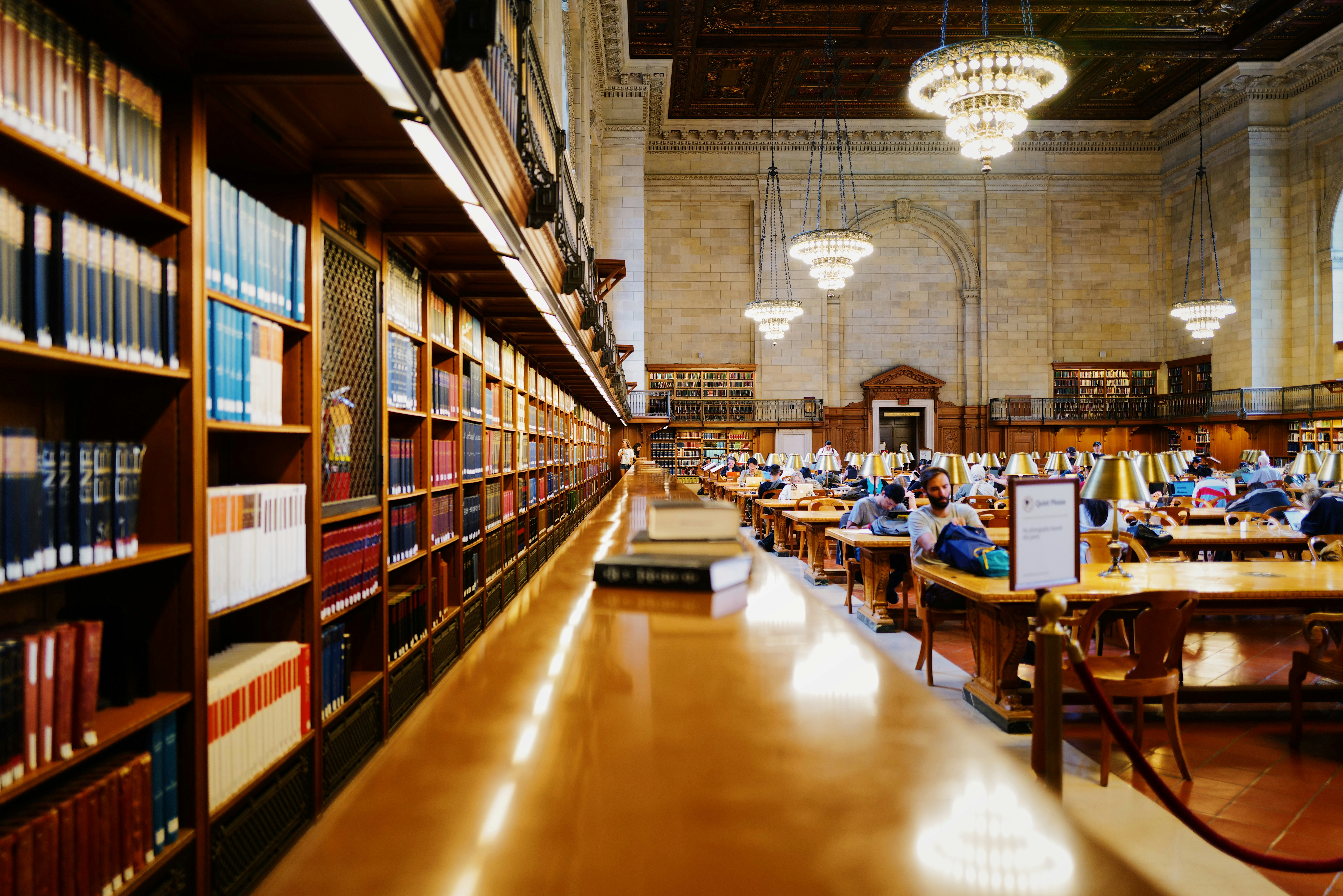 people inside library with chandeliers