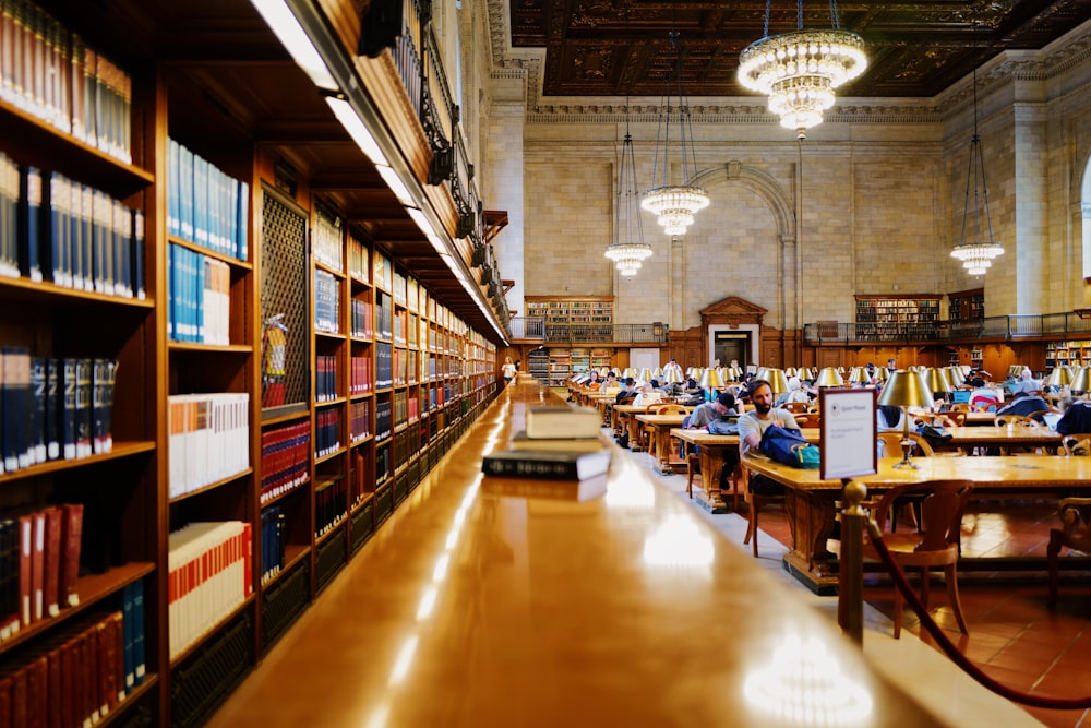 people inside library with chandeliers