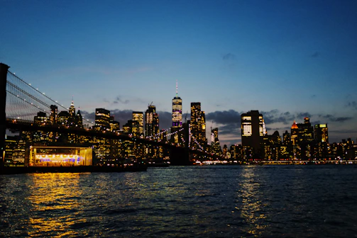 Cinematic shot of Brooklyn skyline at dusk with fog rolling in.