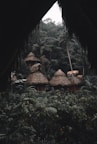 Several thatched-roof huts are nestled within a dense, lush rainforest. The foreground and surroundings are filled with rich green vegetation, including large ferns and palm trees. The scene is viewed through a natural frame of overhanging leaves, adding a sense of seclusion and tranquility.