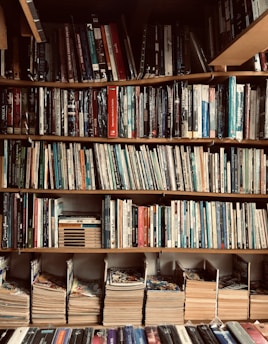 A well-organized wooden bookshelf filled with a variety of books and magazines, arranged neatly in rows. The books differ in size, color, and thickness, with some books stacked horizontally in different shelves. The magazines at the bottom are more colorful and are grouped in multiple stacks.