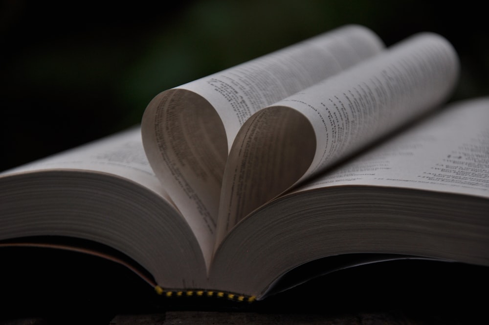 two folded book pages forming heart