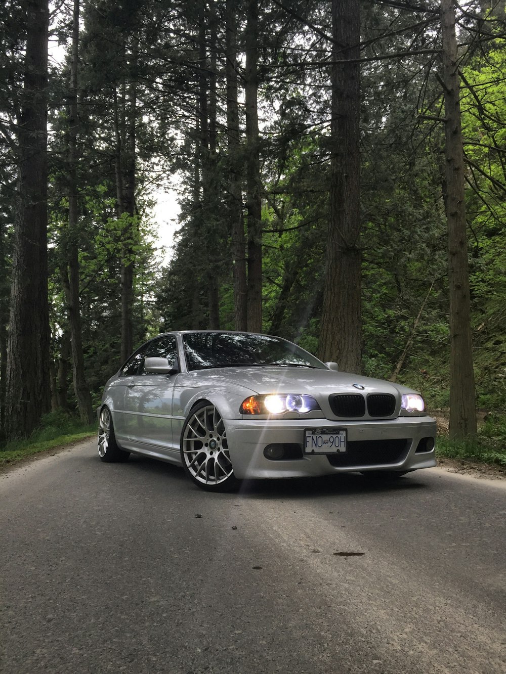 silver BMW sedan on road between trees during daytime