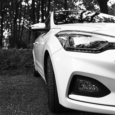 A close-up shot of the front portion of a white car, showing intricate details of the headlights and bumper, set against a backdrop of a wooded area, creating a reflective pattern on the car's surface.