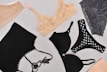 Various types of lingerie are displayed on a light gray background, including lace bras and bralettes in nude and gray, along with black bras featuring different designs.