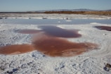 A salt flat landscape featuring pools of water with a distinct pink hue, surrounded by white salty crusts under a clear sky. The horizon reveals distant mountain ranges.