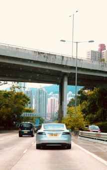 A silver car with the license plate TP 341 is driving on a multi-lane highway surrounded by other vehicles. Overhead, a concrete overpass stretches across the road. In the background, tall residential buildings rise against a hillside under an overcast sky. Lush green trees line the sides of the highway, adding a touch of nature to the urban setting.