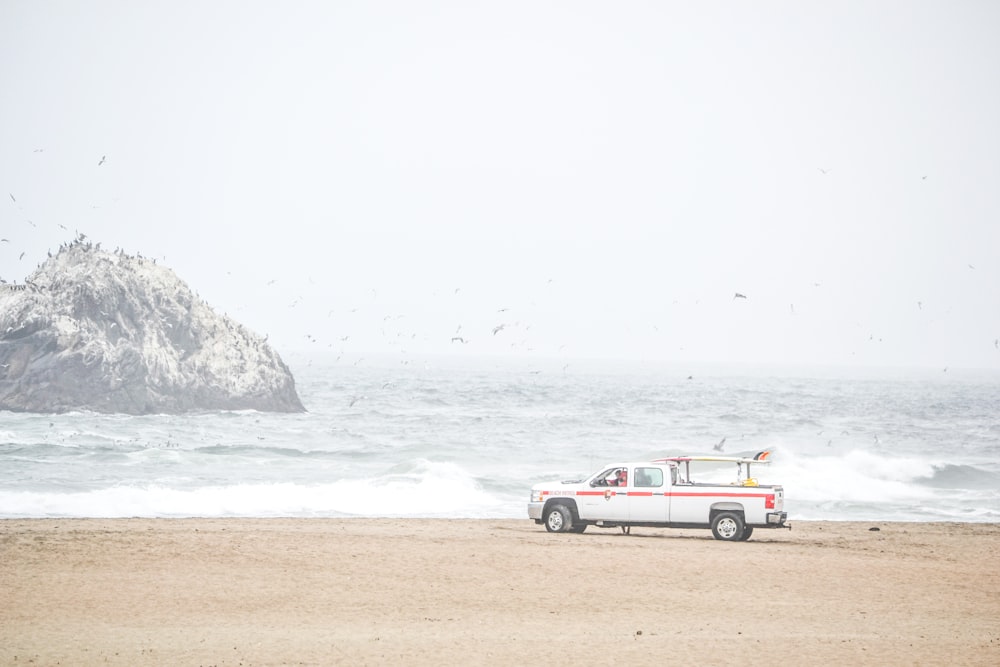 white pickup truck near shore