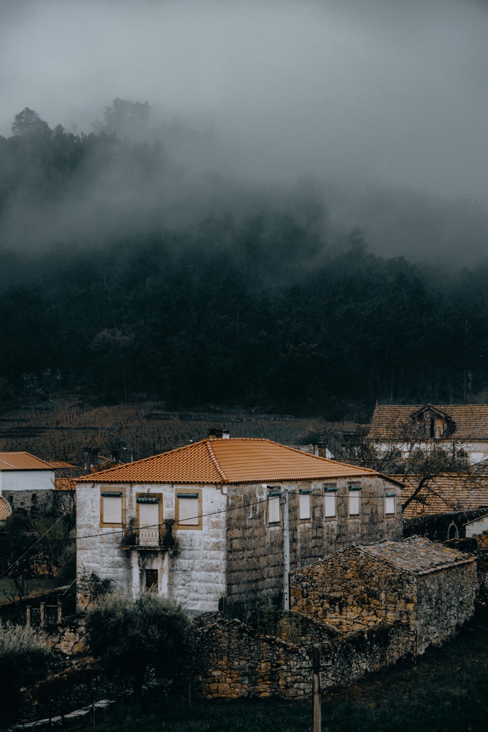 red roof house under black sky