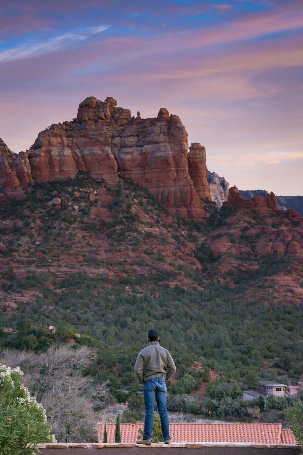 man standing and facing the mountains during day