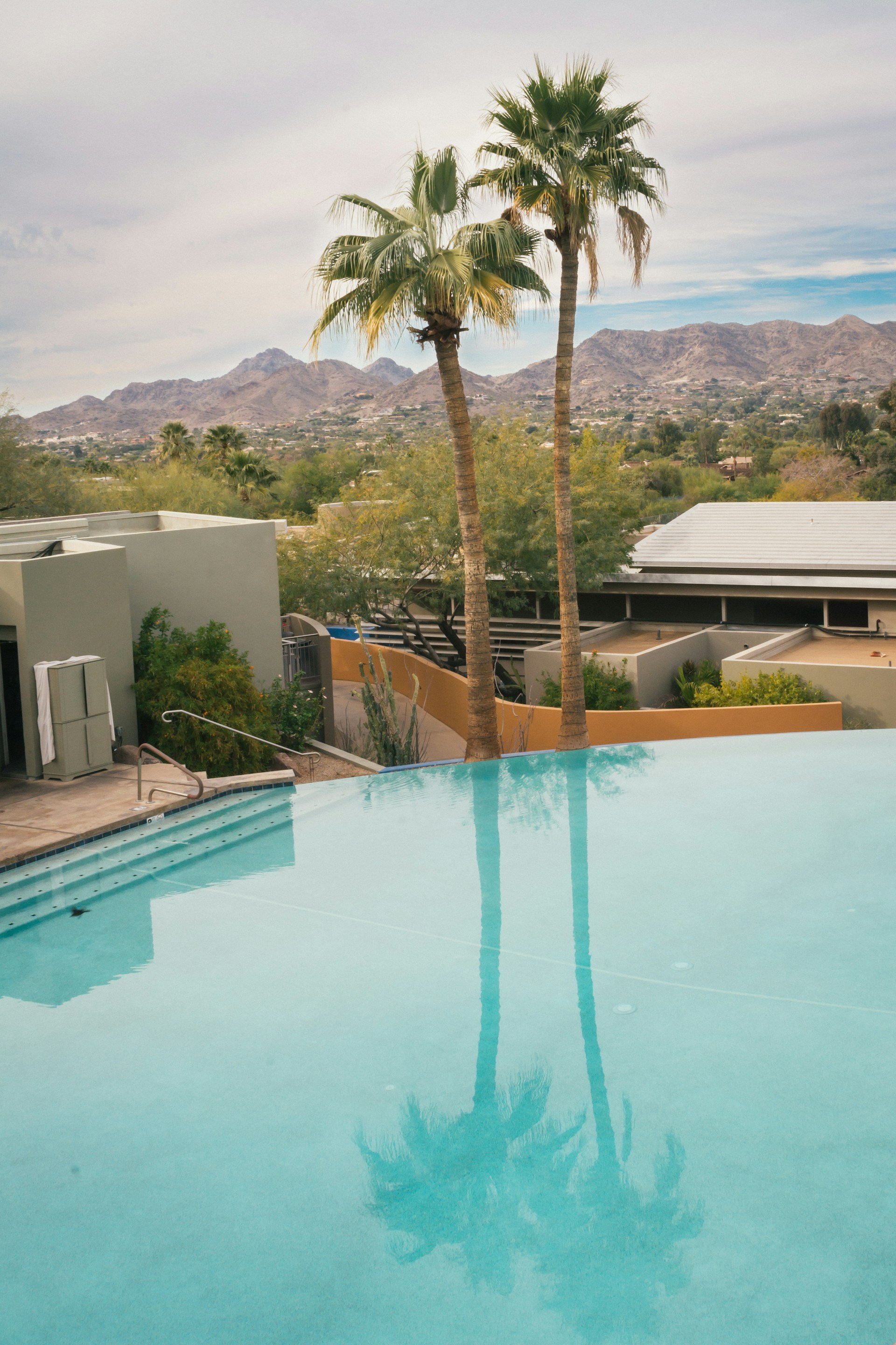 A serene modern swimming pool with crystal-clear blue water reflecting the sky, surrounded by lush greenery.