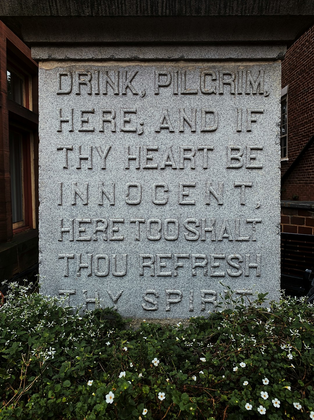 Drink, Pilgrim Here, and If Thy Heart Be Innocent concrete sign