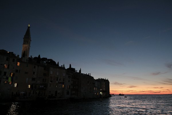 The bell tower silhouetted at dusk — Rovinj, Croatia