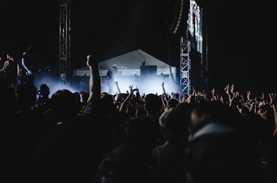Crowd cheering enthusiastically at a nighttime rodeo concert