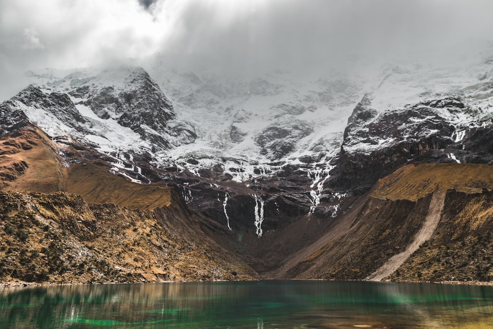 corpo de água perto da montanha coberta de neve