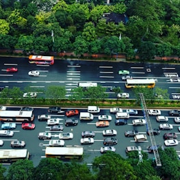 A panoramic view of vehicles lined up on a busy road, symbolizing multimodal travel options.