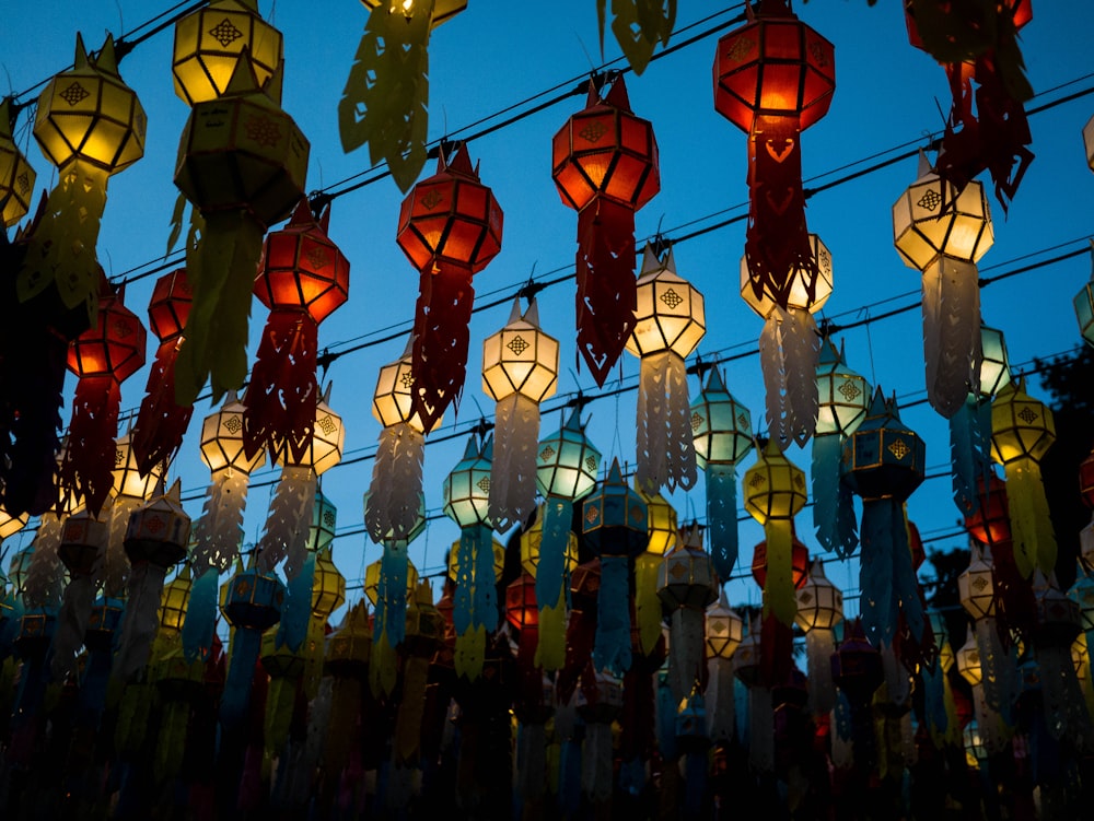 low angle photography of assorted-color lanterns