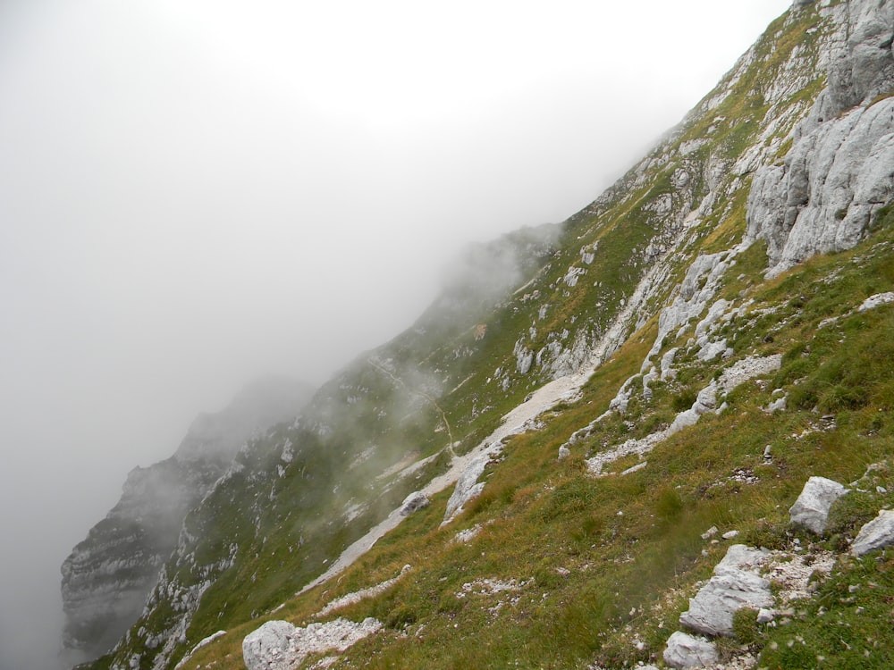 a foggy mountain with grass and rocks on the side