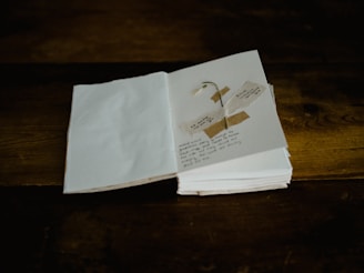 An open book with handwritten notes and a pressed flower, symbolizing healing through storytelling.
