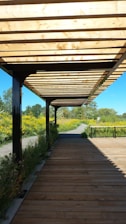 A wooden pergola structure provides shade over a wooden pathway, with lush greenery and yellow flowers flanking the path on either side. The background includes a clear blue sky and distant trees, creating a serene outdoor setting.