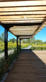 A wooden pergola structure provides shade over a wooden pathway, with lush greenery and yellow flowers flanking the path on either side. The background includes a clear blue sky and distant trees, creating a serene outdoor setting.