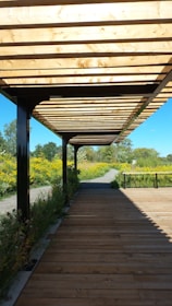A wooden pergola structure provides shade over a wooden pathway, with lush greenery and yellow flowers flanking the path on either side. The background includes a clear blue sky and distant trees, creating a serene outdoor setting.