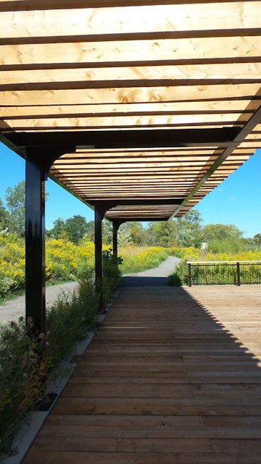 A wooden pergola structure provides shade over a wooden pathway, with lush greenery and yellow flowers flanking the path on either side. The background includes a clear blue sky and distant trees, creating a serene outdoor setting.