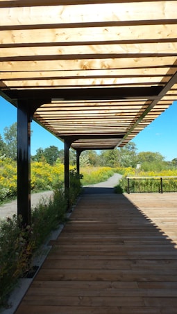 A wooden pergola structure provides shade over a wooden pathway, with lush greenery and yellow flowers flanking the path on either side. The background includes a clear blue sky and distant trees, creating a serene outdoor setting.