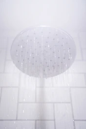 Close-up of a shiny showerhead spraying water in a tiled bathroom.