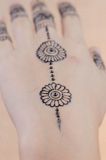 Intricate henna or mehndi design adorns the top of a hand, featuring floral patterns connected by a series of dots. The design extends over several fingers, with symmetrical details enhancing its aesthetic appeal.