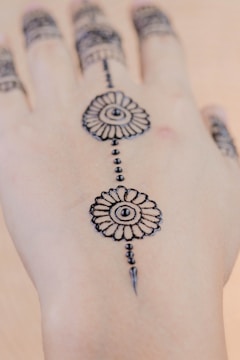 Intricate henna or mehndi design adorns the top of a hand, featuring floral patterns connected by a series of dots. The design extends over several fingers, with symmetrical details enhancing its aesthetic appeal.
