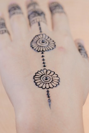 Intricate henna or mehndi design adorns the top of a hand, featuring floral patterns connected by a series of dots. The design extends over several fingers, with symmetrical details enhancing its aesthetic appeal.