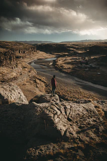 Hiker standing on a rocky outcrop overlooking the winding Yellowstone River below.