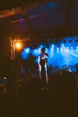A performer stands on stage surrounded by colorful lighting effects, with a large audience in the foreground silhouetted against the stage lights. The scene includes vibrant blue and orange hues, creating a dynamic and energetic atmosphere.