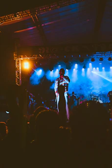 A vibrant stage with performers entertaining a lively crowd under colorful lighting.