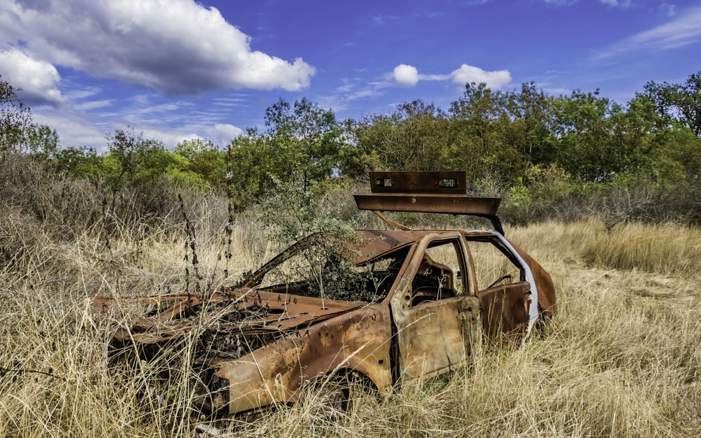 wrecked car on brown grass field