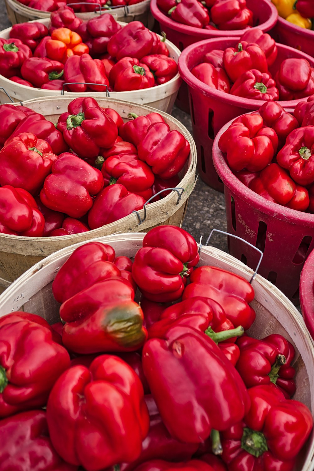red bell pepper lot in baskets