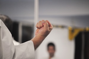 A close-up of a clenched fist, with part of a person's arm visible. The background is blurred, highlighting the focus on the gesture of the fist, which is likely in a martial arts setting given the context of attire.