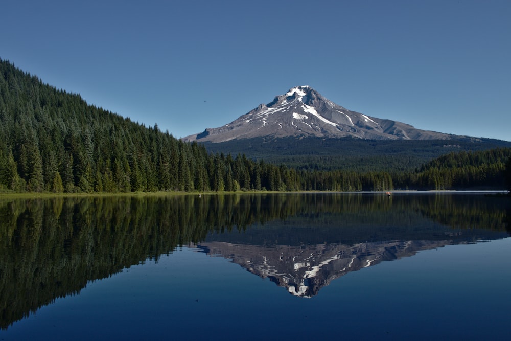 body of water with reflections of mountain and trees