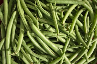 A close-up of a pile of fresh green beans, showcasing their smooth texture and vibrant green color. The beans are arranged in an overlapping manner, highlighting their elongated shape and healthy appearance.