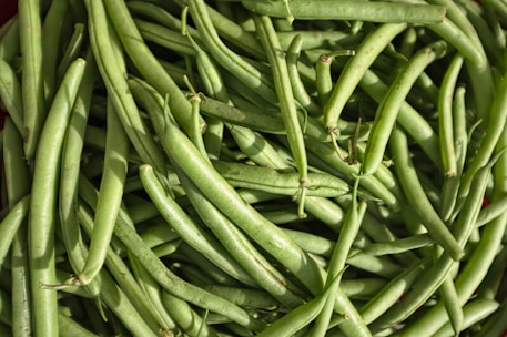 A close-up of a pile of fresh green beans, showcasing their smooth texture and vibrant green color. The beans are arranged in an overlapping manner, highlighting their elongated shape and healthy appearance.
