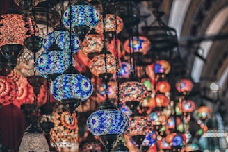 red and blue hanging lamps