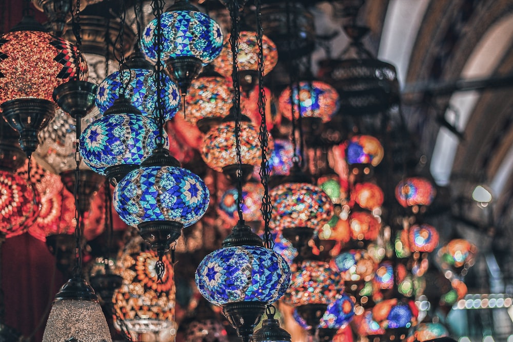 red and blue hanging lamps