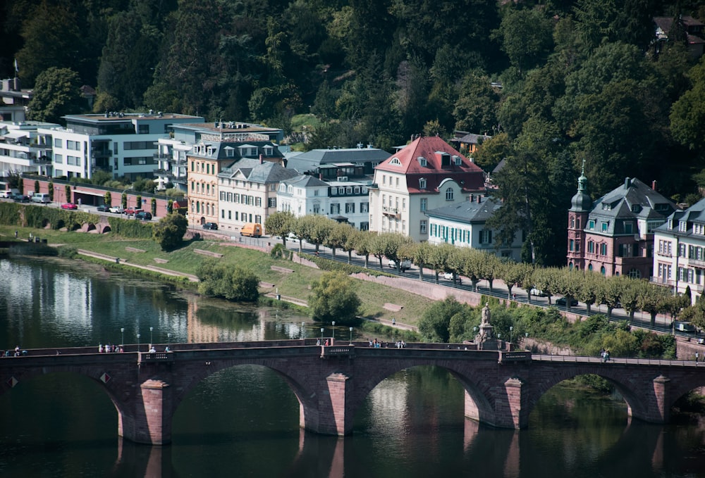 aerial photo of buildings near bridge during daytime