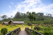 A rustic cabin with a sloping roof is situated amidst a lush green landscape, surrounded by trees and rolling hills. A wooden bridge leads the viewer's eye towards the cabin. In the vicinity, small, semi-circular glamping pods are visible, blending harmoniously with the natural surroundings. The sky is partly cloudy, adding a serene and tranquil atmosphere.