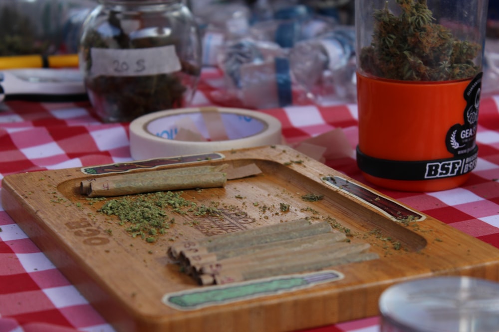 brown wooden tray on table