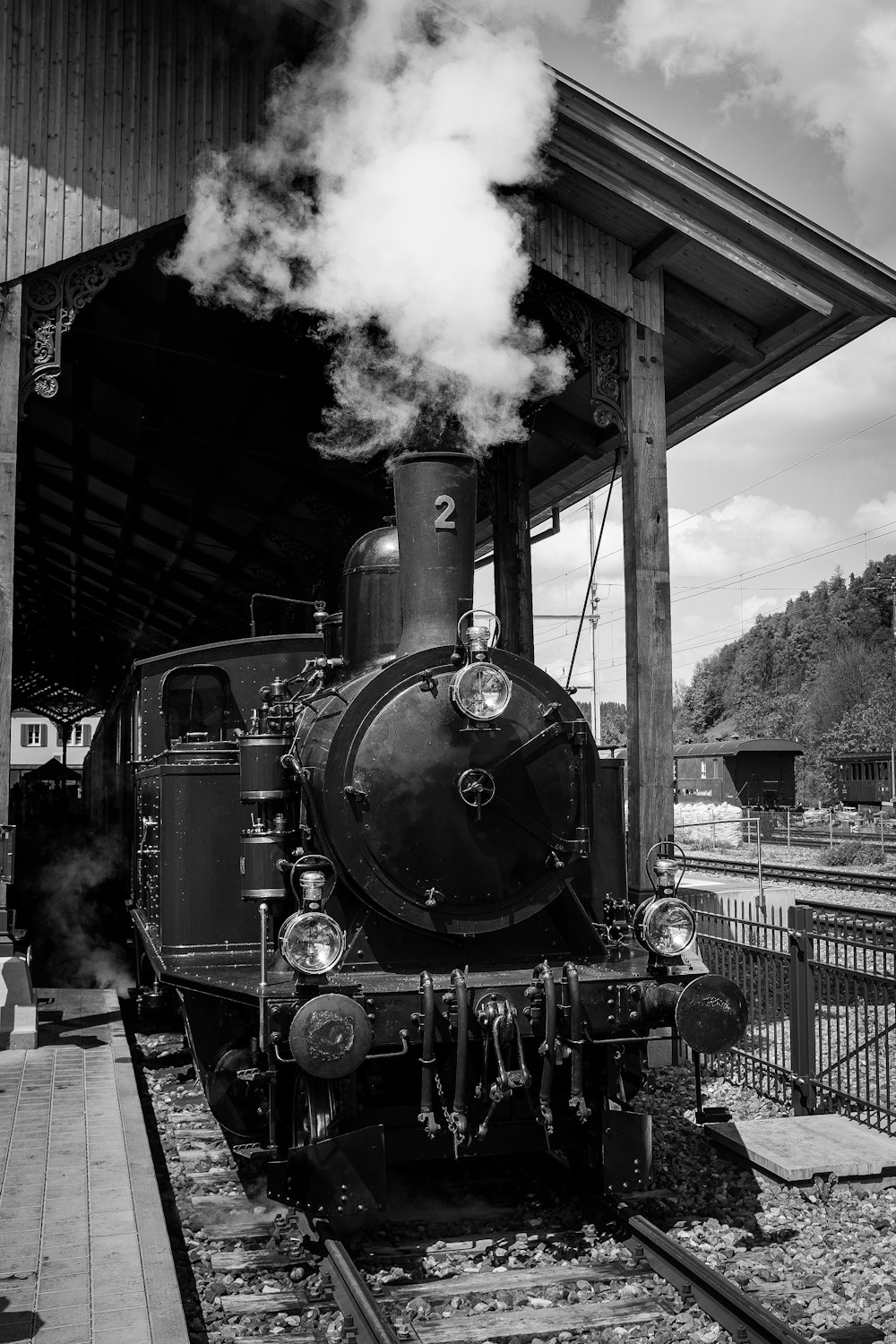 grayscale photography of train