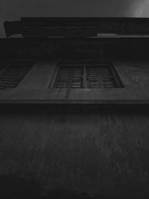 Black and white photo of an old building facade showing textures and shadows.